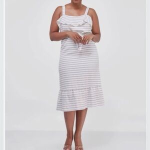 Banana Republic White Black Stripe Ruffle Crepe Midi Dress